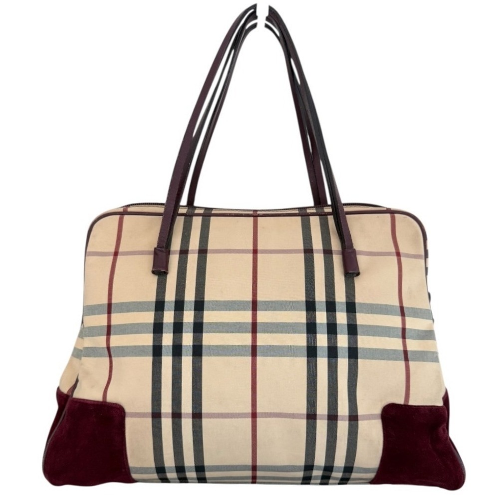 Burberry Nova Check Canvas Satchel Burgundy Suede Trim Zip Top Handbag